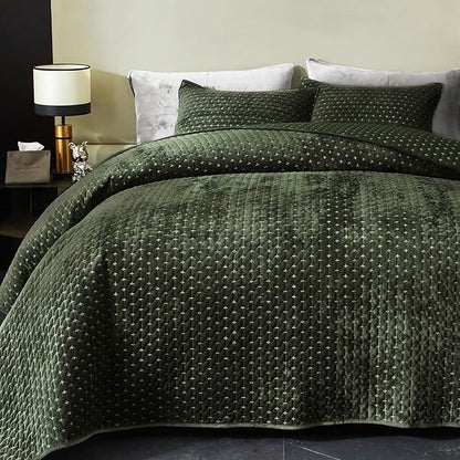 Powdion Velvet Quilt Queen Size, Oversized Bedspread Quilted Bedding Set, Luxurious Soft Coverlet Set Lightweight Velvet Comforter for All Season with Pillow Shams 90x96 Army Green Striped Queen