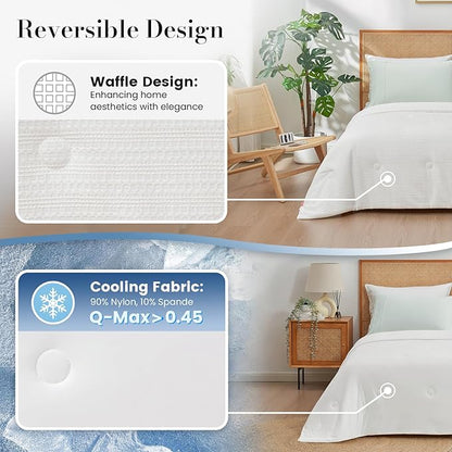 Amélie Home Waffle Cooling Comforter Queen Size, Q-Max 0.45 Reversible Lightweight Cooling Blanket for Hot Sleepers, Breathable Bedding for Night Sweats, 90"x90", White