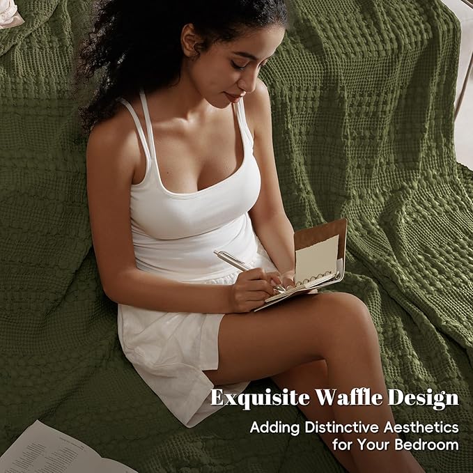 PHF 100% Cotton Waffle Weave Blanket Queen Size for Bed, Soft Lightweight & Breathable for Spring and Summer, All-Season Comfort, Luxury Aesthetic Blanket for Home Decor, 90"x90", Capulet Olive