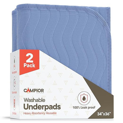 Washable Underpads Large 34"x36" (Pack of 2) – Reusable Waterproof Bed Pads for Adults & Seniors, Extra Heavy Absorbency Incontinence & Bedwetting Pads, Soft Non-Slip TPU Backing, Blue.