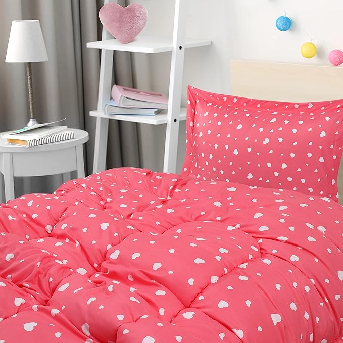 Utopia Bedding Heart Pink Kids Comforter Set with 2 Pillow Shams, 3 Piece Soft Microfiber Twin Bed Comforter with Pillow Shams, Printed Kids Bedding for Boys and Girls, Breathable,Easy Care