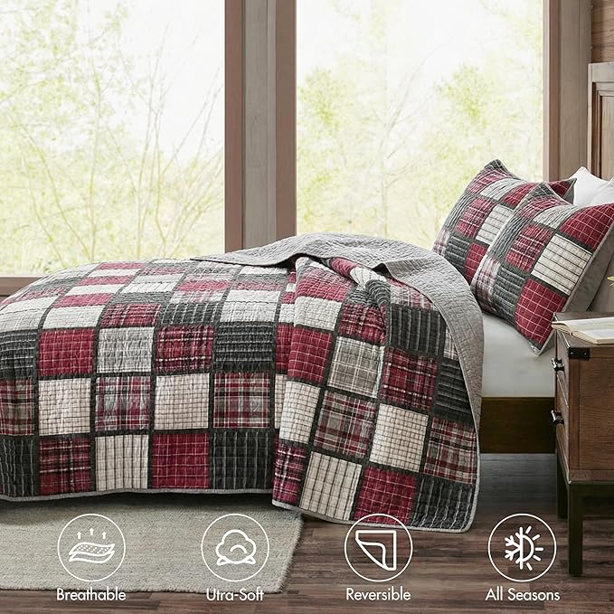 Woolrich Reversible Quilt Cabin Lifestyle Design - All Season, Breathable Coverlet Bedspread Bedding Set, Matching Shams, Oversized King/Cal King, Tulsa Plaid Red/Grey 3 Piece