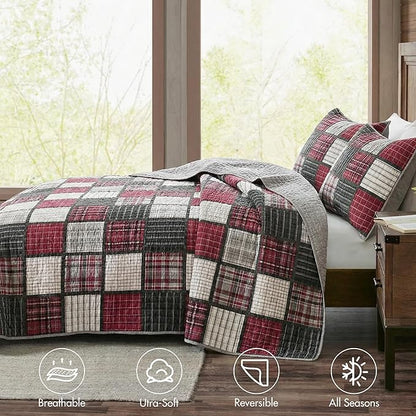 Woolrich Reversible Quilt Cabin Lifestyle Design - All Season, Breathable Coverlet Bedspread Bedding Set, Matching Shams, Oversized King/Cal King, Tulsa Plaid Red/Grey 3 Piece