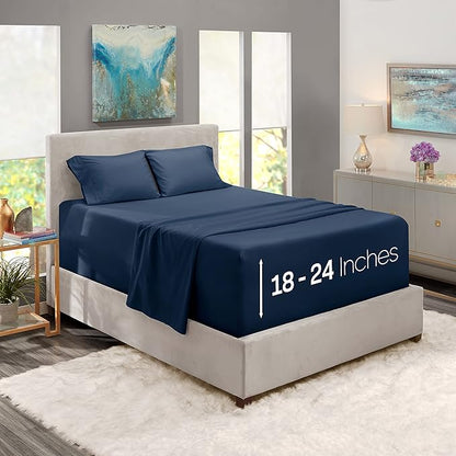 Nestl Twin Size Sheet Set, 4 Piece Extra Deep Pocket (18-24 inches), Microfiber, Hotel Luxury, Soft, Breathable, Wrinkle-Free, Easy to Care, Navy Blue