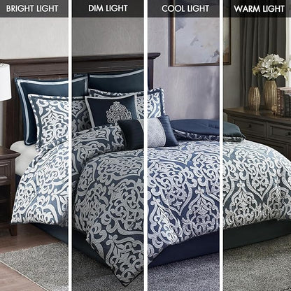 Madison Park Odette Cozy Comforter Set Jacquard Damask Medallion Design - Modern All Season, Down Alternative Bedding, Shams, Decorative Pillows, Cal King(104 in x 92 in), Navy 8 Piece