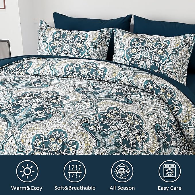 Drucon Paisley Comforter Set King Size, 7 Pieces Bed in a Bag Boho Comforter, Soft Lightweight Microfiber Bedding Set (1 Comforter, 1 Flat Sheet, 1 Fitted Sheet, 2 Pillow Shams, 2 Pillowcases)