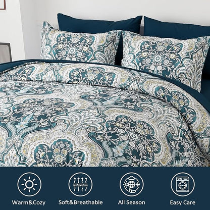 Drucon Boho Comforter Set Queen Size, 7 Pieces Bed in a Bag Paisley Comforter, Soft Lightweight Microfiber Bedding Set (1 Comforter, 1 Flat Sheet, 1 Fitted Sheet, 2 Pillow Shams, 2 Pillowcases)