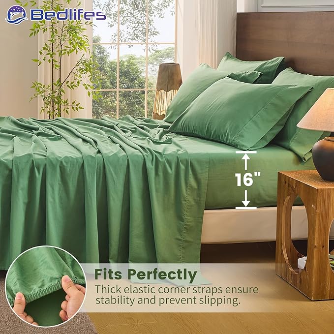 Bedlifes 100% French Pure Linen Sheets King Size Breathable and Cooling Flax Sheet Set Soft Durable and Moisture Wicking 16 Inch Deep Pocket-4 Piece(King,Sage Green)