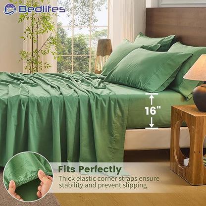 Bedlifes 100% French Pure Linen Sheets King Size Breathable and Cooling Flax Sheet Set Soft Durable and Moisture Wicking 16 Inch Deep Pocket-4 Piece(King,Sage Green)