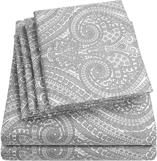 Queen Sheets Paisley Grey - 6 Piece 1500 Supreme Collection Fine Brushed Microfiber Deep Pocket Queen Sheet Set Bedding - 2 Extra Pillow Cases, Great Value, Queen, Paisley Gray