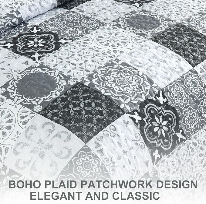 Dobuyly Grey Black Quilt Set California King Size, Boho Plaid Patchwork Bedspreads Coverlet Set, 3 Pieces Soft Lightweight Microfiber Farmhouse Cal King Quilt Bedding Set for All Seasons 112"x96"