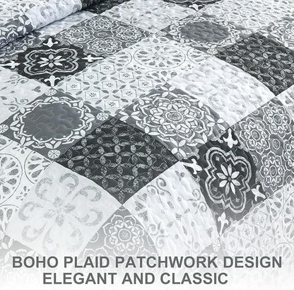 Dobuyly Grey Black Quilt Set Full Size, Boho Plaid Patchwork Bedspreads Coverlet Set, 3 Pieces Soft Lightweight Microfiber Farmhouse Quilt Bedding Set for All Seasons 78"x90"