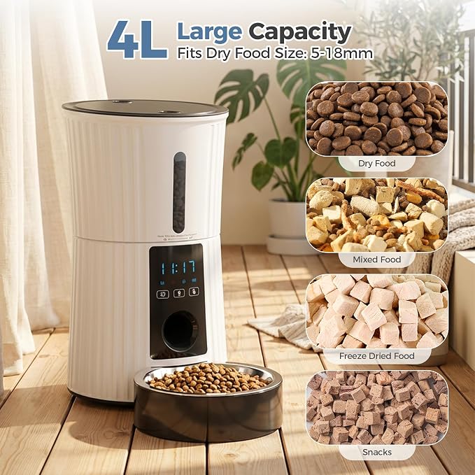 DUMOS 4L Automatic Cat Feeder, Dog Food Dispenser with APP Control, White | 2.4G WiFi, 10s Voice Recorder, Dual Power, Desiccant Bag, Stainless Steel Bowl, Programmable Feeder for Small Cats and Dogs
