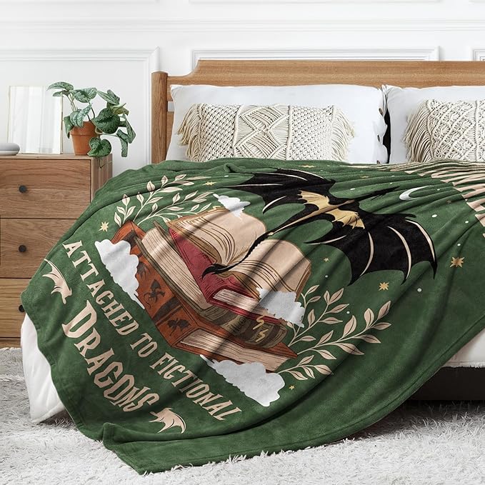 Fantasy Book Lovers Gifts, Bookish Gifts for Woman Men- Gragon Lovers Blanket, Functional Reading Gifts for Readers, Librarian, Book Nerd, Bookworm, Bookish Dragon Throw Blanket 60" x 50"