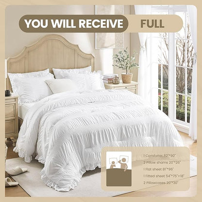 QUIETSEA Full Comforter Set Seersucker 7 Pieces Luxury Ruffle Bed in a Bag Full Size for All Season White Bedding Set with Comforter, Pillowcases, Flat Sheet, Fitted Sheet and Pillow Shams