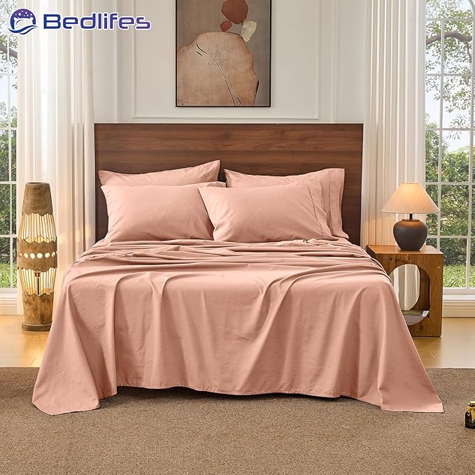 Bedlifes 100% French Pure Linen Sheets King Size Breathable and Cooling Flax Sheet Set Soft Durable and Moisture Wicking 16 Inch Deep Pocket-4 Piece(King,Blush Pink)