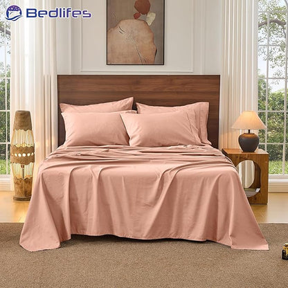 Bedlifes 100% French Pure Linen Sheets King Size Breathable and Cooling Flax Sheet Set Soft Durable and Moisture Wicking 16 Inch Deep Pocket-4 Piece(King,Blush Pink)