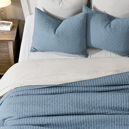EVERGRACE x Kinsey Walsh Cross Stitch Pre-Washed Cotton Quilt Bedding Set King Size, Oversized 3 Pieces Lightweight Bedspread Coverlet for All Season, with 2 Matching Shams, Dusty Blue, 118"x106"