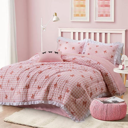 A Nice Night Bow Comforter Set,6 Piece Bed in a Bag with Comforter & Sheet Set,Chic Grid Bowknot Bedding Sets,Princess Themed Bed Sets for Kids Girls,Full
