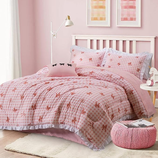 A Nice Night Bow Comforter Set,6 Piece Bed in a Bag with Comforter & Sheet Set,Chic Grid Bowknot Bedding Sets,Princess Themed Bed Sets for Kids Girls,Full