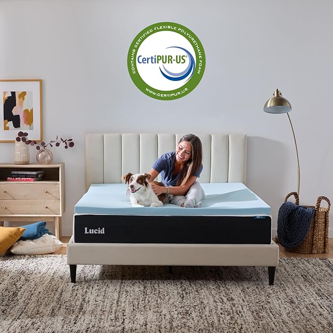 Lucid 2 Inch Memory Foam Mattress Topper, Queen Size – Cooling Gel Bed Topper – Pressure-Relieving Plush Feel – Ventilated Breathable Design – CertiPur Certified - Dorm Essentials