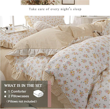 VM VOUGEMARKET Twin Comforter Set with Rose Flower Pattern,1 Ruffle Comforter and 2 Pillow Shams for Girls Women,Reversible Yellow Plaid Bedding Set(3pcs,Twin XL)