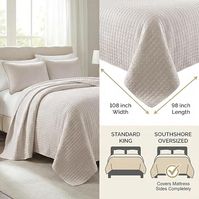 Southshore Fine Living, Inc. King Quilt Bedding Set, Quilted Comforter, Coverlet Bed Spread for California Kings, Luxury Bedding King Quilt Set, Lightweight Quilted Bedspread w/Shams, Bone (Pack of 2)