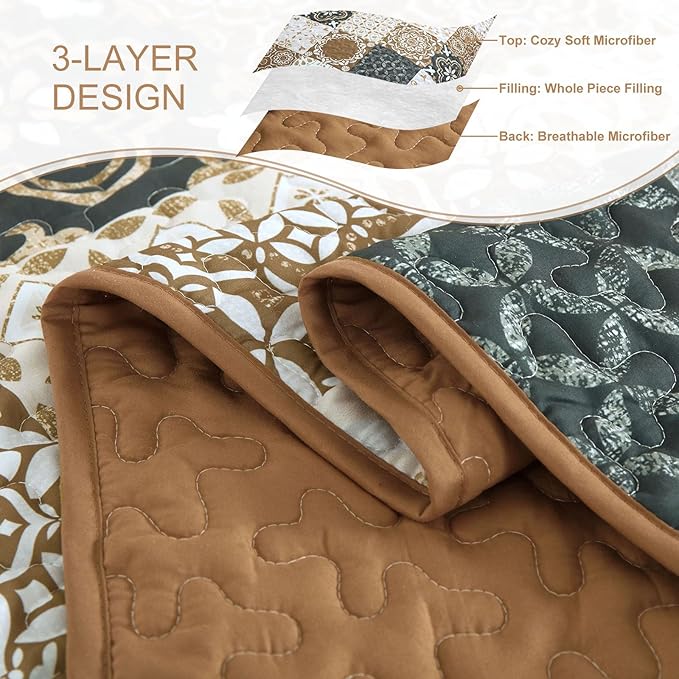Dobuyly Brown Quilt Set Queen Size, Boho Plaid Patchwork Bedspreads Coverlet Set, 3 Pieces Soft Lightweight Microfiber Fall Quilt Bedding Set for All Seasons 96"x90"