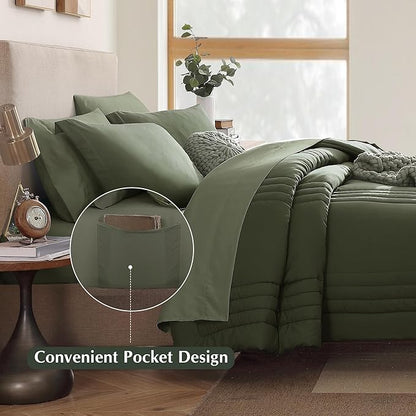 Monbix California King Size Comforter Set - 7 Pieces Bed in a Bag California King, Olive Green Bedding Sets, All Seasons Comforter Bed Set with Sheets, Pillowcases & Shams