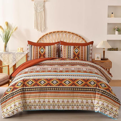 Dinjoy California King Comforter Set Size, Burnt Orange Striped Cali King Bed Set Fall Bedding Sets Terracotta 7 Pieces Boho Bed in a Bag Comforters with Sheets Aztec for Women