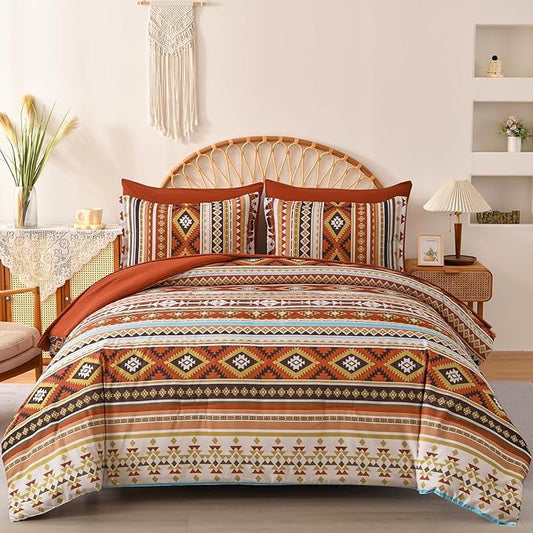 Dinjoy California King Comforter Set Size, Burnt Orange Striped Cali King Bed Set Fall Bedding Sets Terracotta 7 Pieces Boho Bed in a Bag Comforters with Sheets Aztec for Women