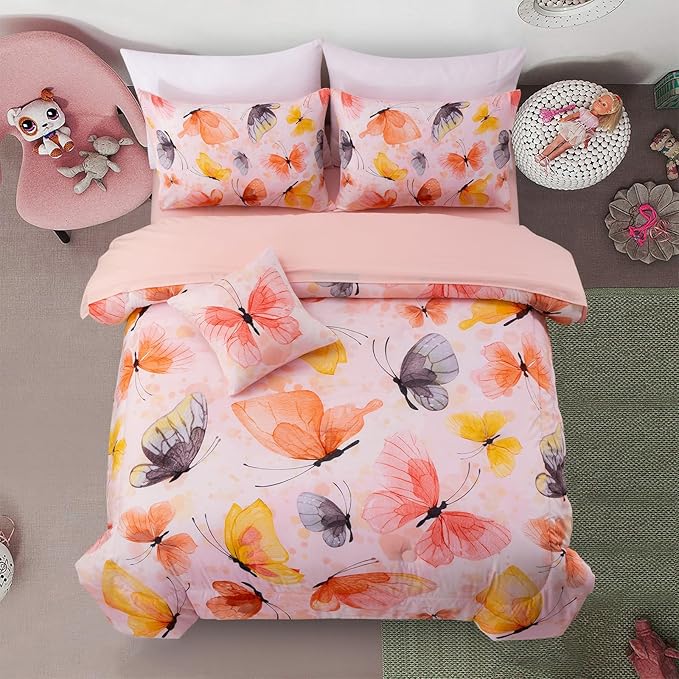 A Nice Night 6pcs Bed in A Bag Watercolor Ink Wash Tie-Dye Butterfly Printed, Butterflies Bedding Comforter Set, Orange Twin