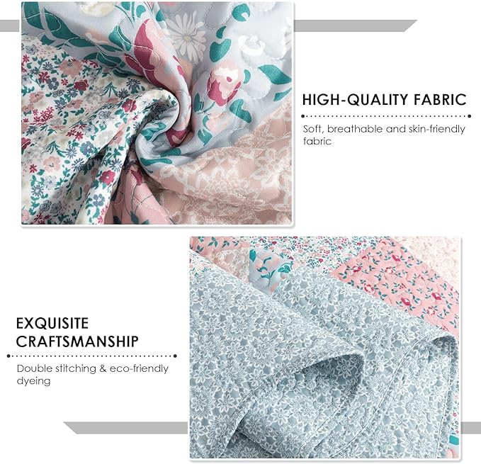Travan 3-Piece Bedspread Quilt Set Lightweight Coverlet Set Garden Style Floral Printed Oversized Quilted Bedding Set with Shams for All Season, Exquisite, King Size