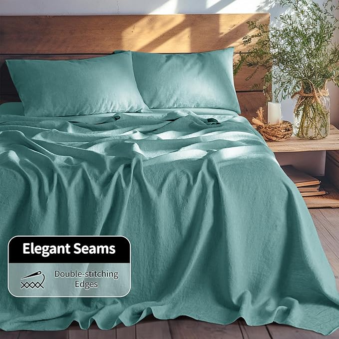 LBRO2M 100% Pure Linen Sheet Set Deep Pocket Up to 16" Bed Sheets Sets, Natural Flax Beddings Soft, Breathable, Comfortable for All Seasons 4 Pcs Sheet Set California King Size, Aqua