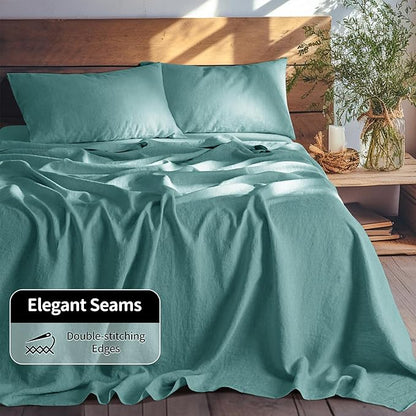 LBRO2M 100% Pure Linen Sheet Set Deep Pocket Up to 16" Bed Sheets Sets, Natural Flax Beddings Soft, Breathable, Comfortable for All Seasons 4 Pcs Sheet Set California King Size, Aqua