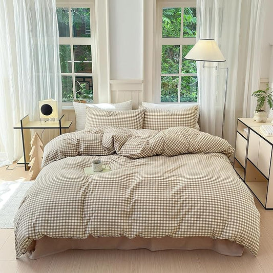 Tan Plaid Gingham Duvet Cover King 3 Pieces Checkered Grid Duvet Cover 100% Washed Cotton Beige Plaid Comforter Cover with Zipper Closure 2 Pillowcases Luxury Soft Gingham Bedding Set Breathable