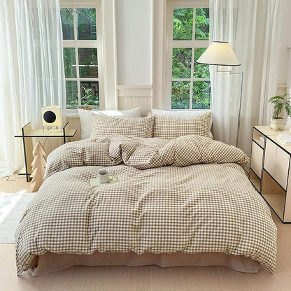 LifeTB Tan Gingham Grid Duvet Cover Queen 3 Pieces Beige Plaid Duvet Cover 100% Washed Cotton Boho Plaid Comforter Cover with 2 Pillowcases Farmhouse Checkered Gingham Bedding Set Queen