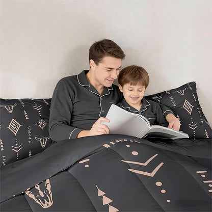 Erosebridal Bull Skull Comforter Set Full Boho Bedding Ethnic Horns Bedding Comforter Sets Black Brown Tribal Symbol Mysterious Aztec Room Decor Abstract Geometric Duvet Insert for Men Boys