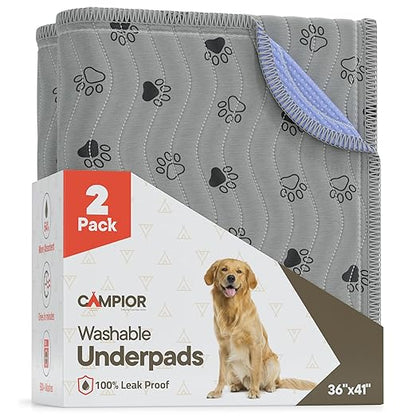 Washable Underpads 36"x41" ( Pack of 2) – Reusable Waterproof Bed Pads for Pets, Kids & Elderly, Extra Heavy Absorbent Incontinence Training & Bedwetting Pads, Non-Slip TPU Backing, Grey & Blue