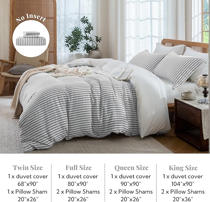 MILDLY Grey Striped Duvet Cover - 100% Washed Cotton Jacquard Boho Textured Comforter Cover 3pcs with Corner Ties Zipper Closure 80"x90"