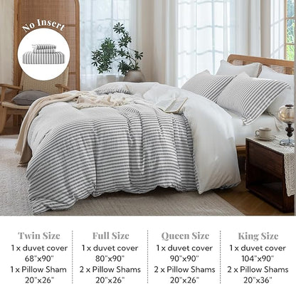 MILDLY Grey Striped Duvet Cover - 100% Washed Cotton Jacquard Boho Textured Comforter Cover 3pcs with Corner Ties Zipper Closure 80"x90"