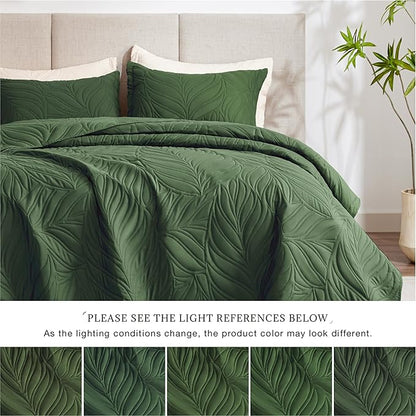 EXQ Home Quilt Set Twin Size Olive Green 2 Piece,Lightweight Soft Coverlet Modern Style Leaf Pattern Bedspread Set(1 Quilt,1 Pillow Sham)