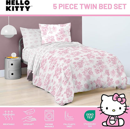 Jay Franco Comforter Set Includes Sheets and Pillow Covers - Soft and Cozy Bed Set for Stylish Room Decor, Official Licensed Product, Multi - Hello Kitty, 5 Piece Twin