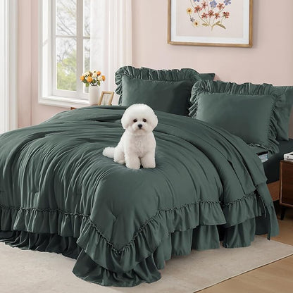 Queen Comforter Set Forest Green, Ruffle Shabby Chic Bedding Set Farmhouse 7 Pieces, All Season Fluffy Bed in a Bag with Sheets, Pillowcases & Shams