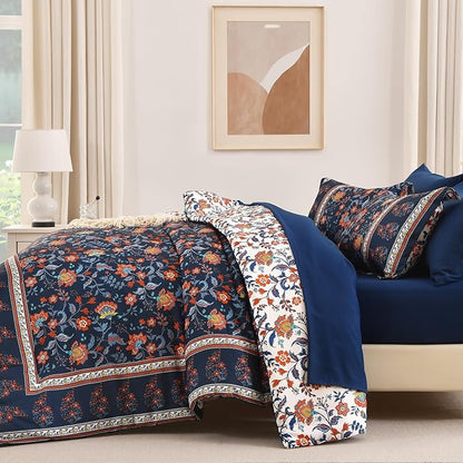 Dinjoy Comforter Set King Size Boho, Reversible Navy Bedding Paisley Floral 7 Piece Bed in a Bag Soft Lightweight Bohemain Comforters with Sheet Sets for All Season