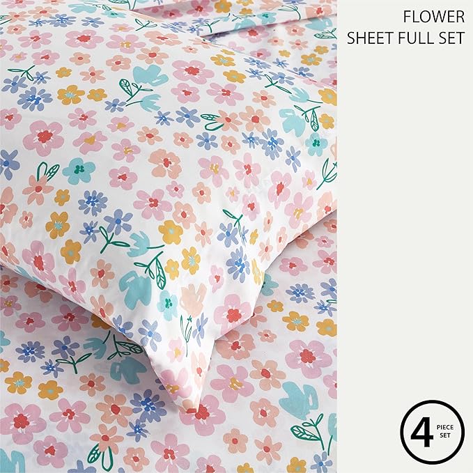 Heritage Kids 4-Piece Full Sheet Set – Multi-Color Ditsy Floral Design, Includes Top Sheet, Fitted Sheet & 2 Pillowcases, Soft Microfiber Bedding for Girls’ Bedroom or Guest Room