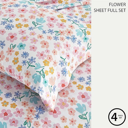 Heritage Kids 4-Piece Full Sheet Set – Multi-Color Ditsy Floral Design, Includes Top Sheet, Fitted Sheet & 2 Pillowcases, Soft Microfiber Bedding for Girls’ Bedroom or Guest Room