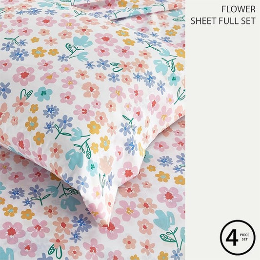 Heritage Kids 4-Piece Full Sheet Set – Multi-Color Ditsy Floral Design, Includes Top Sheet, Fitted Sheet & 2 Pillowcases, Soft Microfiber Bedding for Girls’ Bedroom or Guest Room