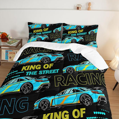Car Bed for Boys King Comforter Set,Kids Racing Car Comforter Extreme Sports Bedding Set for Teens Boys Race Car Room Decor,Cool Blue Themed Children's Bedding with 2 Pillowcases.