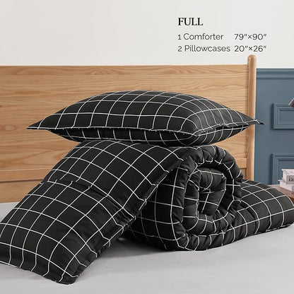 Andency Black Grid Comforter Set Full Size (79x90 Inch), 3 Pieces(1 Grid Comforter and 2 Pillowcases), Summer Lightweight Microfiber Down Alternative Black Comforter with White Lines